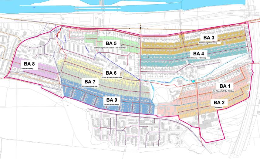 Abbildung 2: Projektgebiet Entwässerung Siedlung Goldstein mit Bauabschnitten für die Kanalsanierung(Quelle: SEF)